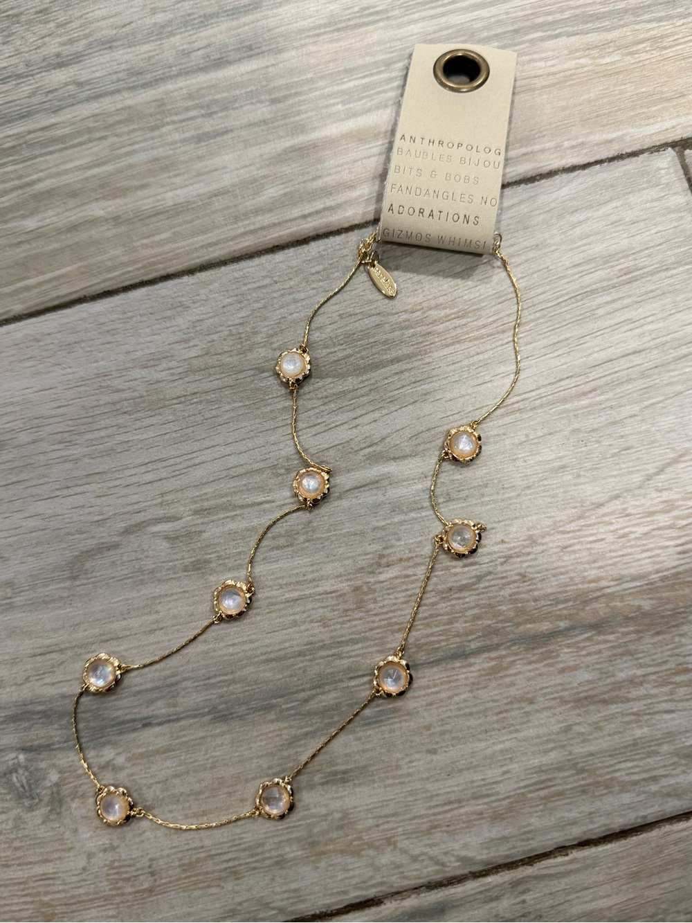 Anthropologie Gold Chain Necklace with Pearl-Like Bezel Accents